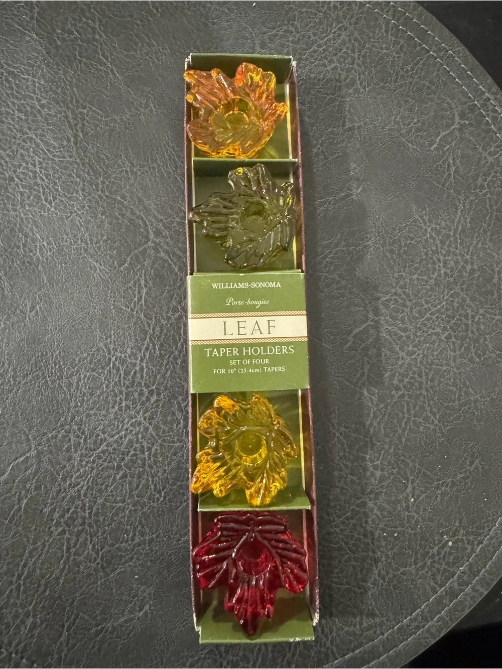 Williams Sonoma Glass Leaf Taper Holders in Green, Amber, Burgundy